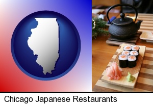 Chicago, Illinois - sushi and green tea being served at a Japanese restaurant