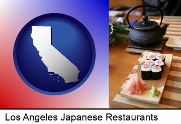 sushi and green tea being served at a Japanese restaurant in Los Angeles, CA