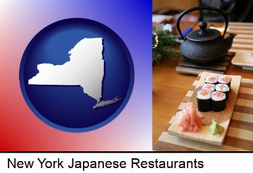 sushi and green tea being served at a Japanese restaurant in New York, NY
