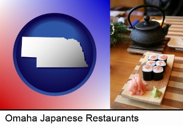 sushi and green tea being served at a Japanese restaurant in Omaha, NE