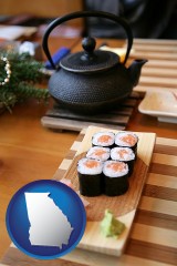 georgia map icon and sushi and green tea being served at a Japanese restaurant
