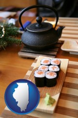 illinois map icon and sushi and green tea being served at a Japanese restaurant