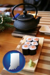 indiana map icon and sushi and green tea being served at a Japanese restaurant