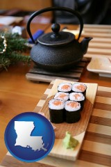 louisiana map icon and sushi and green tea being served at a Japanese restaurant