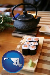 maryland map icon and sushi and green tea being served at a Japanese restaurant