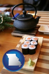 missouri map icon and sushi and green tea being served at a Japanese restaurant