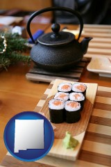 new-mexico map icon and sushi and green tea being served at a Japanese restaurant