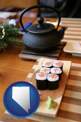 nevada map icon and sushi and green tea being served at a Japanese restaurant