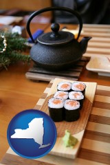 new-york map icon and sushi and green tea being served at a Japanese restaurant