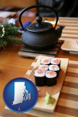 rhode-island map icon and sushi and green tea being served at a Japanese restaurant