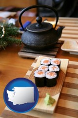 washington map icon and sushi and green tea being served at a Japanese restaurant