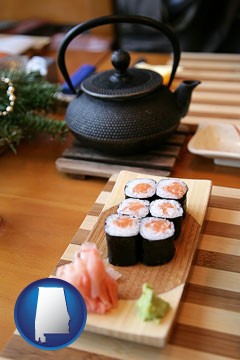 sushi and green tea being served at a Japanese restaurant - with Alabama icon