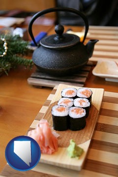 sushi and green tea being served at a Japanese restaurant - with Nevada icon