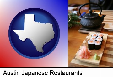 sushi and green tea being served at a Japanese restaurant in Austin, TX