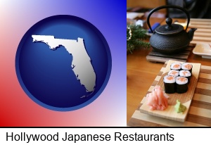 sushi and green tea being served at a Japanese restaurant in Hollywood, FL