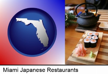 sushi and green tea being served at a Japanese restaurant in Miami, FL